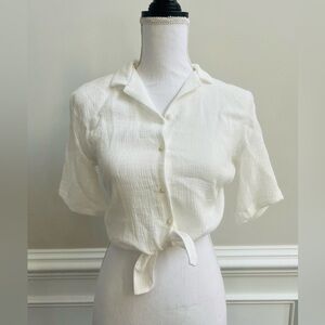 H&M Kids White Crinkle Crop Top Tie Front Blouse Size 12